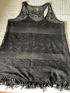 Source Unknown Black Crochet Swim Coverup Tank with Fringe